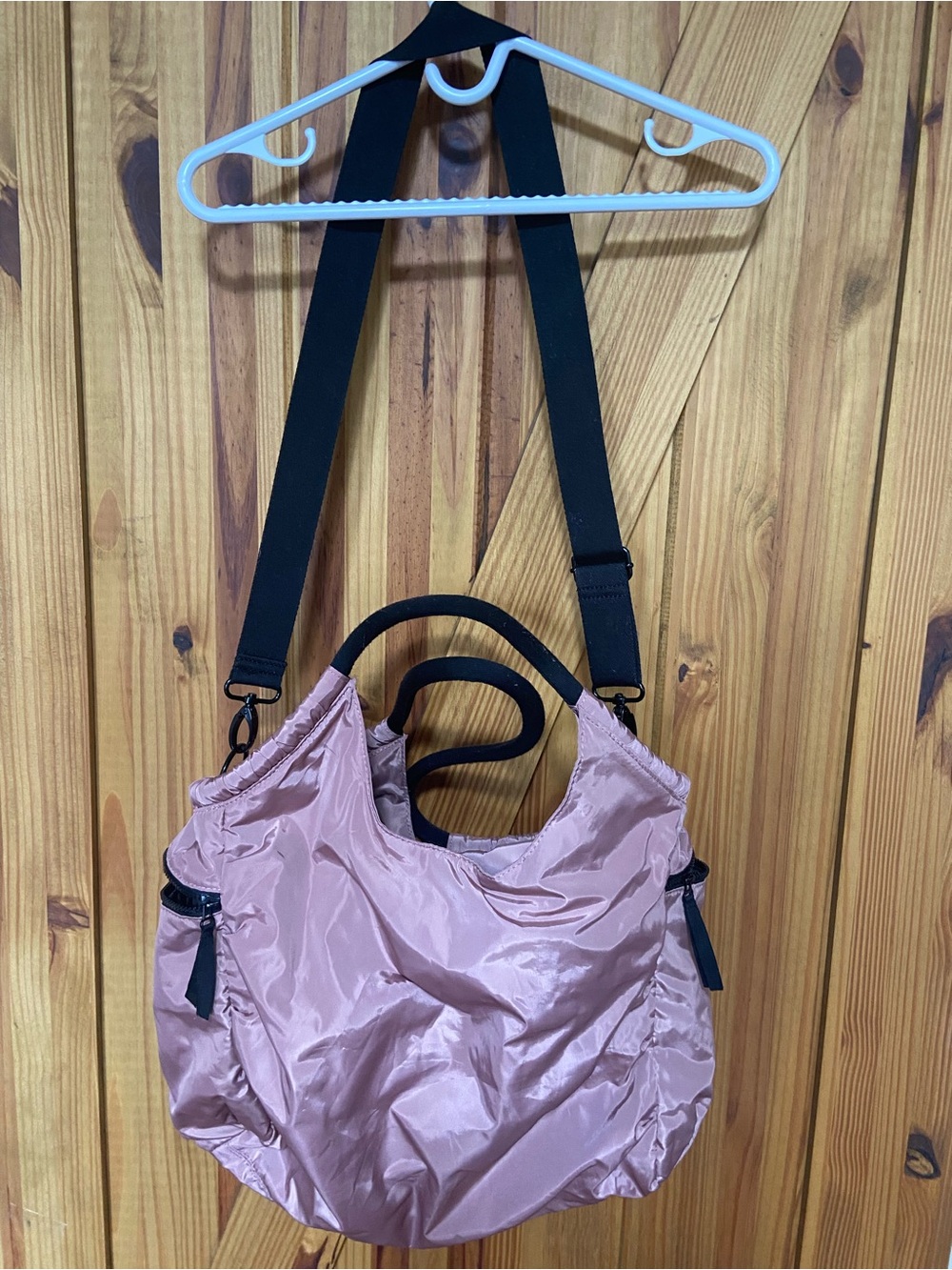 Indigo Pink Nylon Tote with Black removable Straps, side pocket
